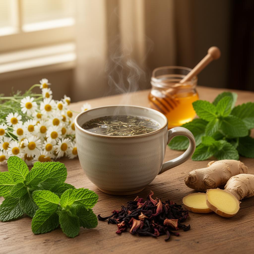 Xícara de chá de ervas naturais com camomila, hortelã, gengibre e mel