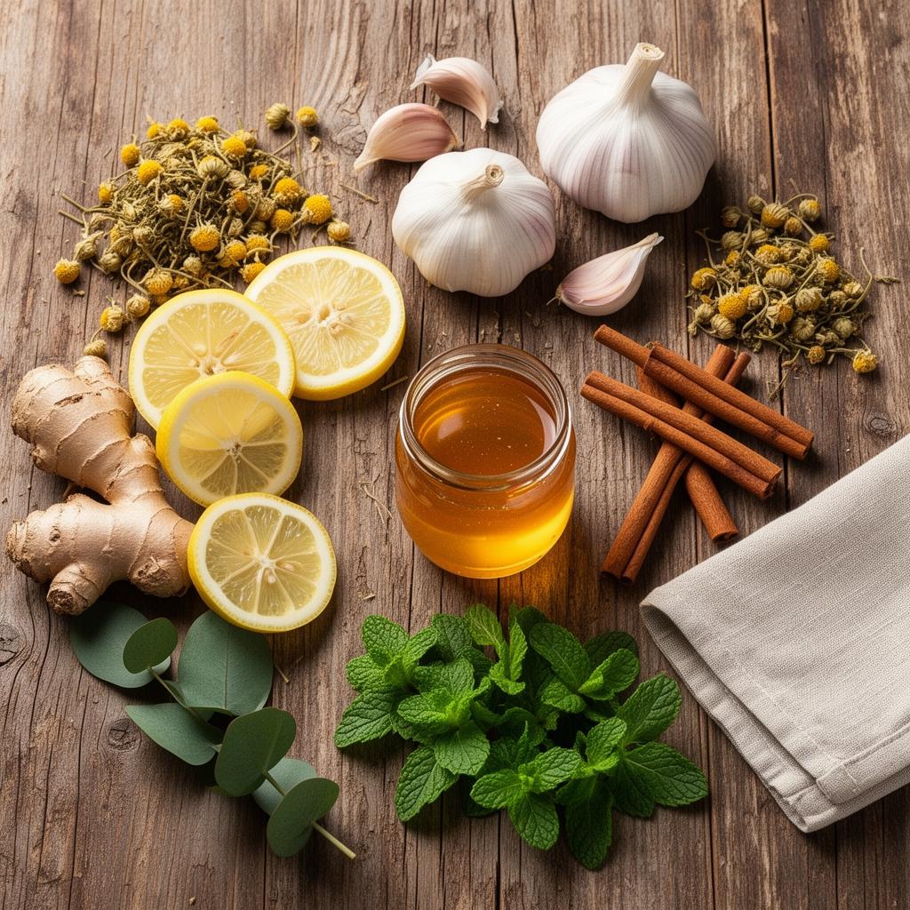 Ingredientes naturais sobre mesa de madeira: gengibre, limão, alho, mel, canela e camomila