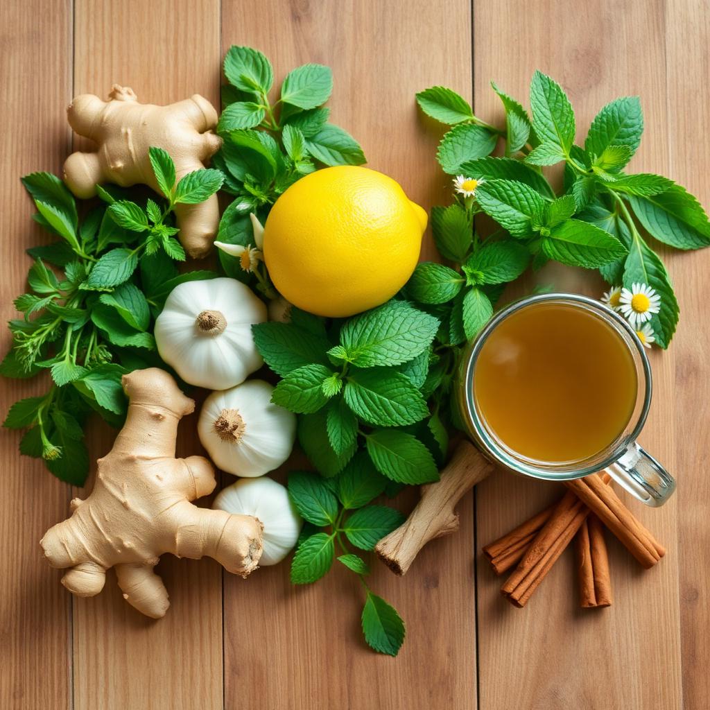 Plantas, ervas e chá natural sobre uma mesa de madeira