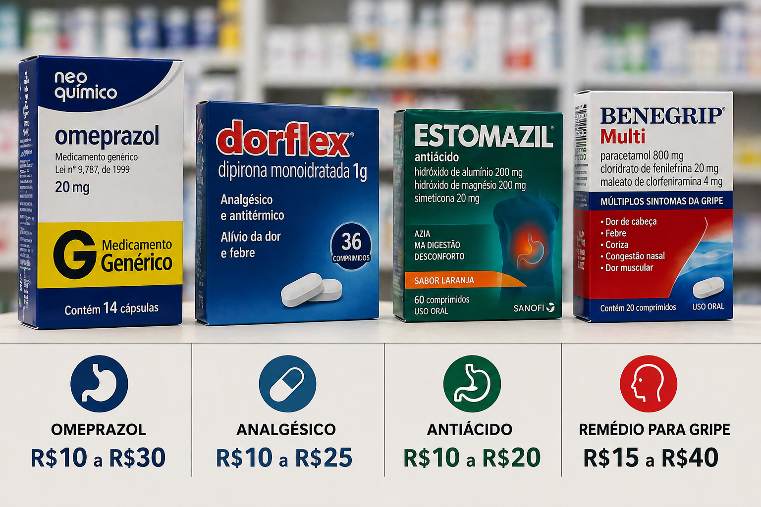 Sacola com vários remédios comuns de farmácia